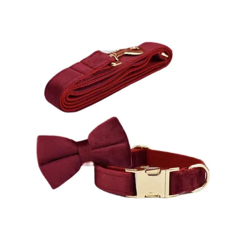 Red Wine Velvet Dog Harness Collar Leash Set Elegant Walking Wear by DDPaws