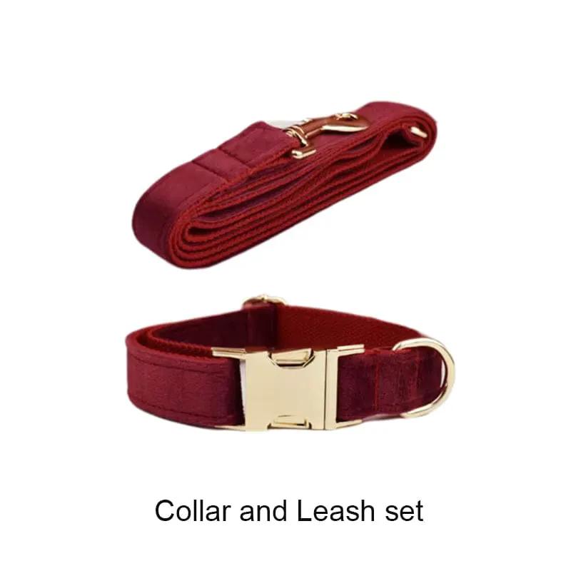 Red Wine Velvet Dog Harness Collar Leash Set Elegant Walking Wear by DDPaws