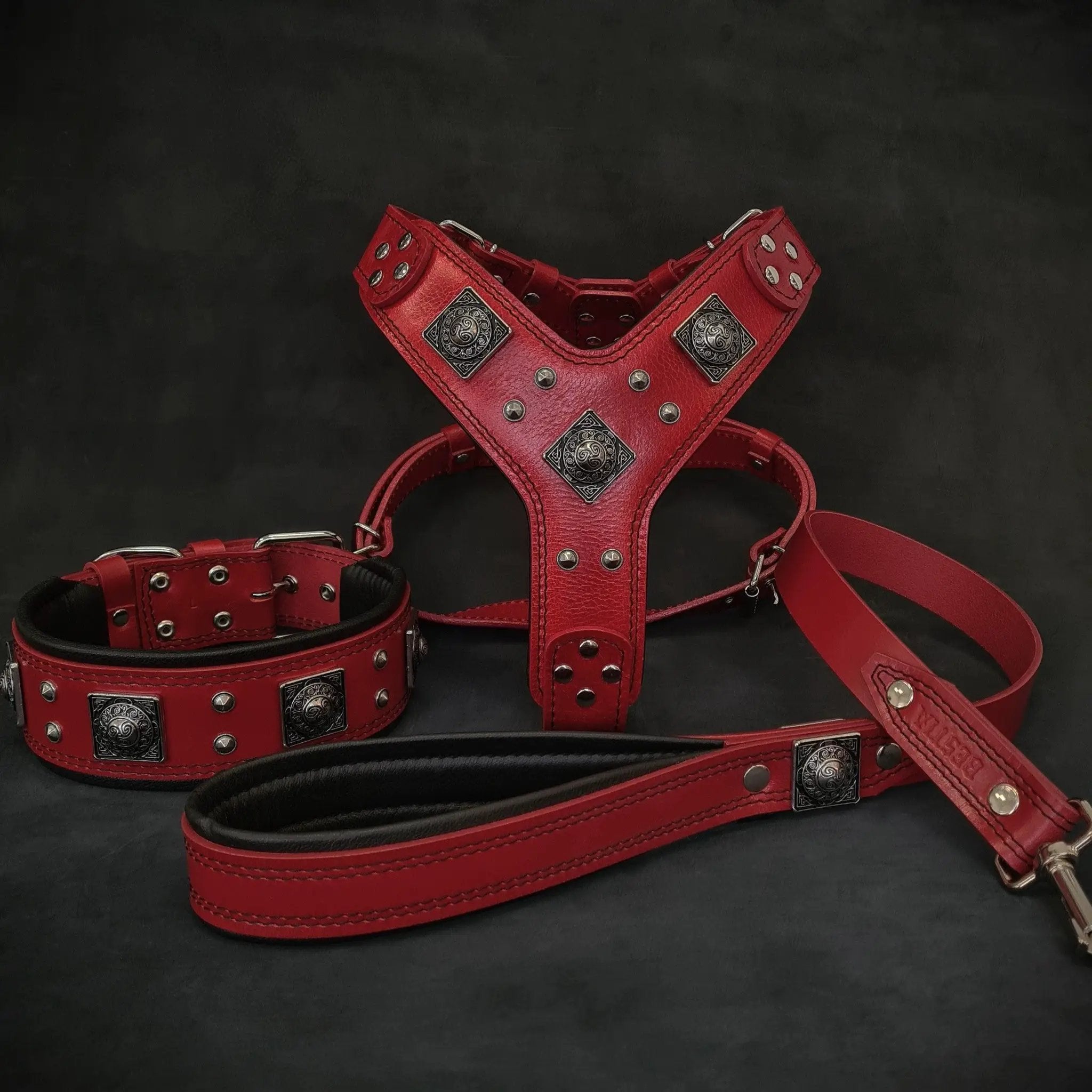 Bestia Dog Gear Eros Handmade Leather Harness Collar Leash Set Red by Bestia Dog Gear