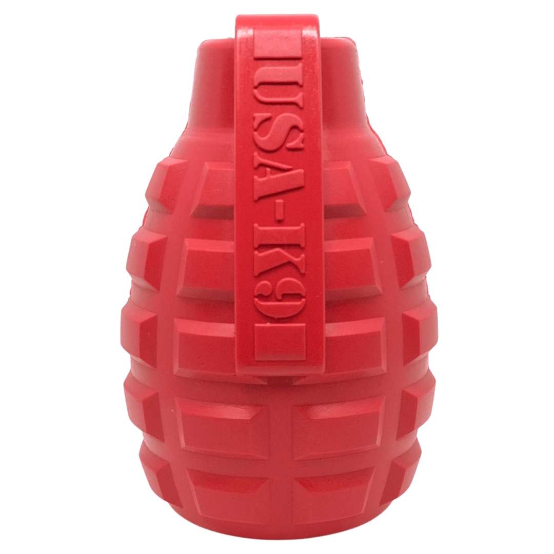 SodaPup USA-K9 Grenade rubber treat toy in red and steel blue