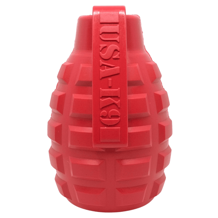 SodaPup USA-K9 Grenade rubber treat toy in red and steel blue