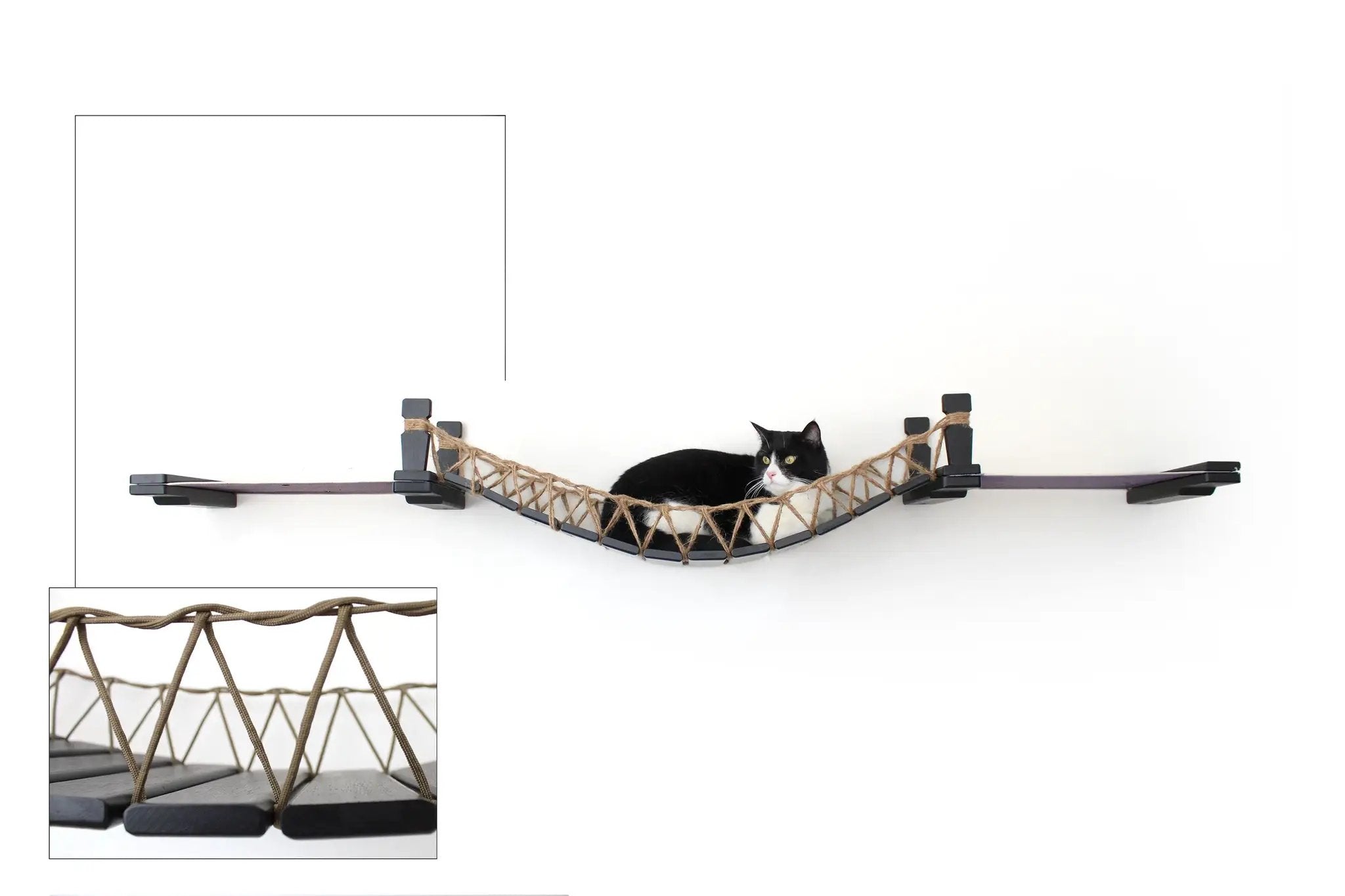 Cat bridge hammock combo with rope netting and dark end caps; black-and-white cat lounging.