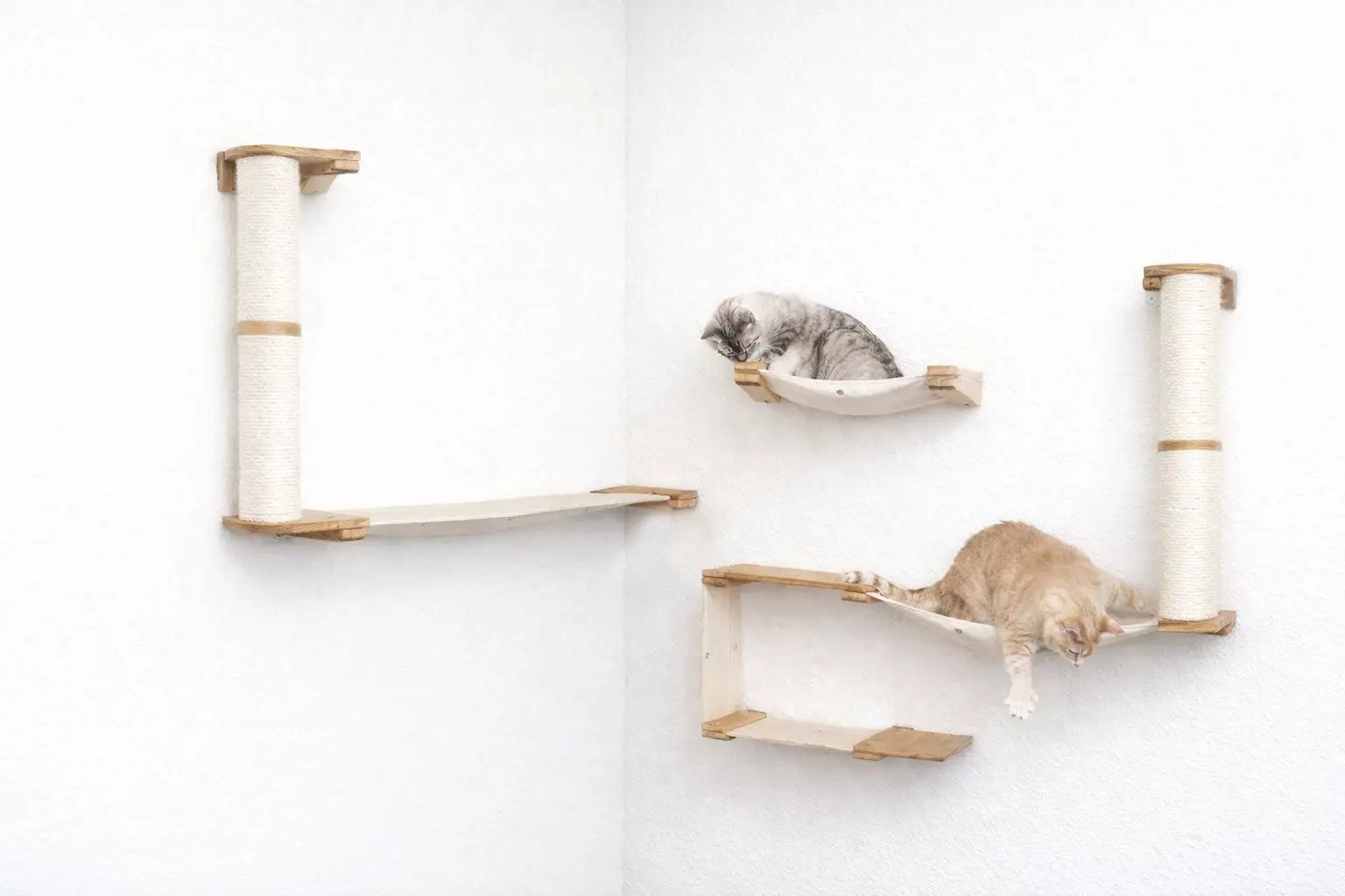 The Roman wall-mounted cat condo by Catastrophic Creations; beige wood with sisal posts, two cats on hammocks.