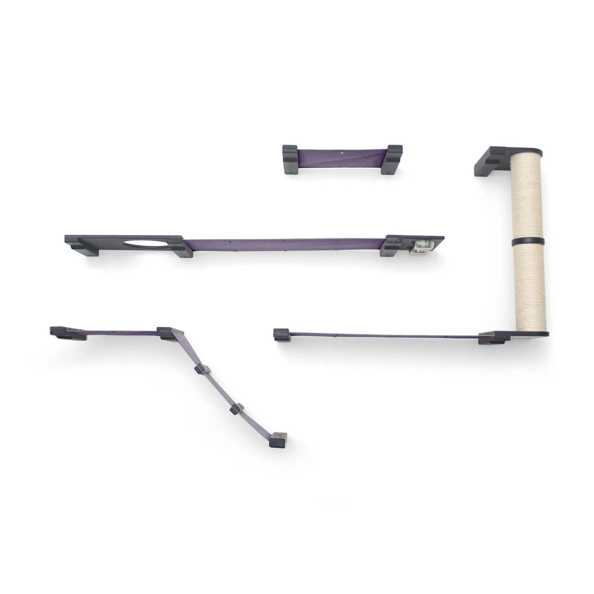 The Bunker cat condo components in purple fabric with gray brackets and a sisal post.