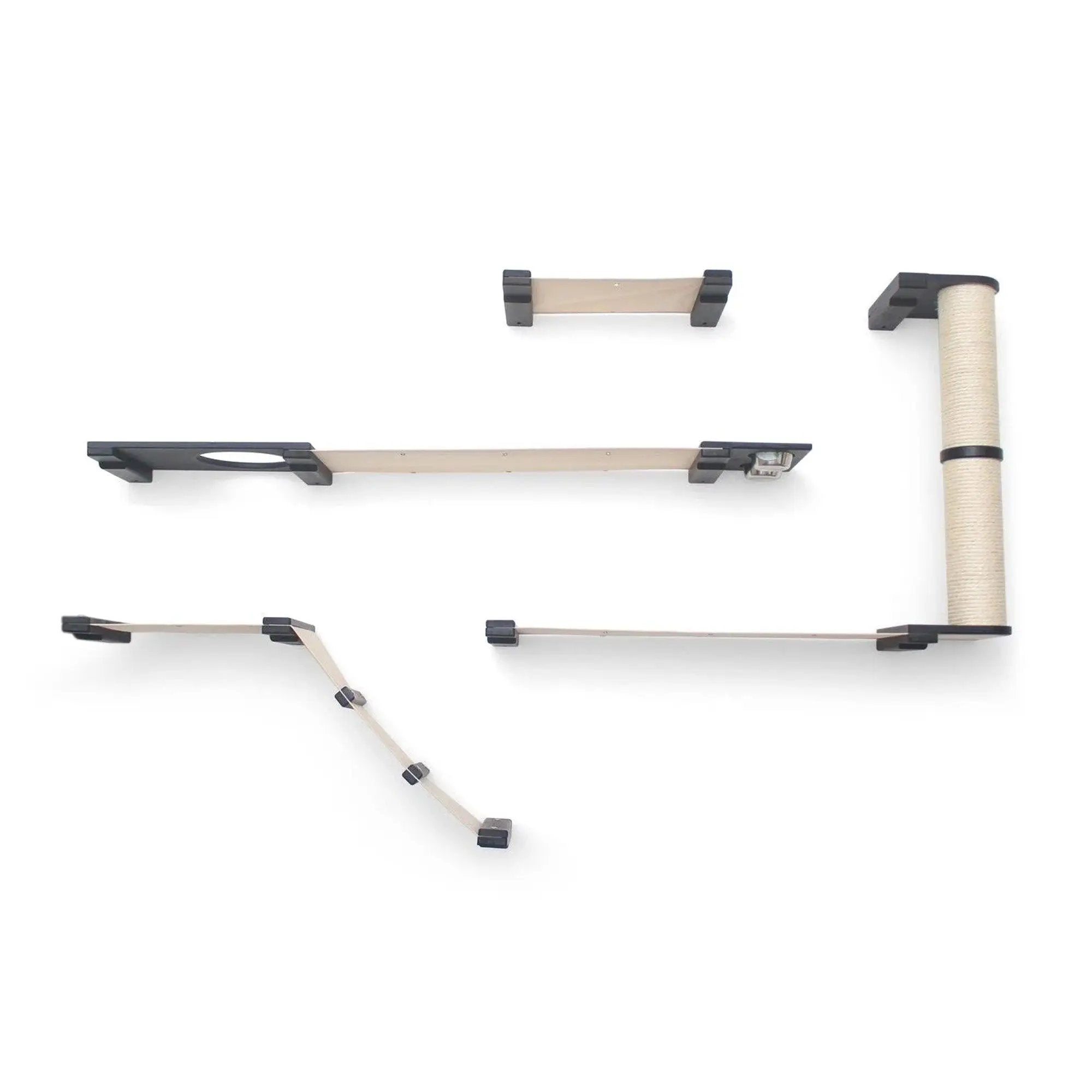 The Bunker 5-piece cat condo components: beige multi-level cat tree shelves with black supports and sisal post