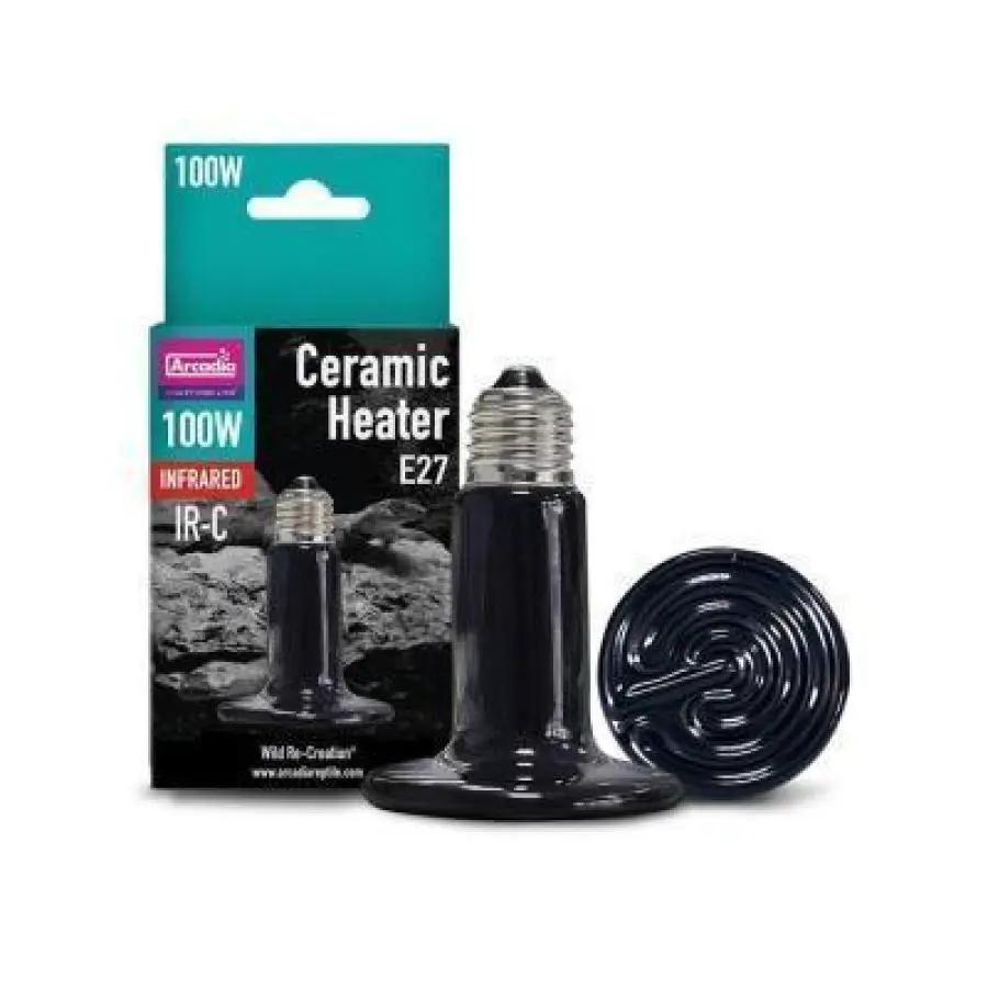 Arcadia ceramic heat emitter bulbs, 100W infrared, E27 base; black ceramic bulb with round heating disc