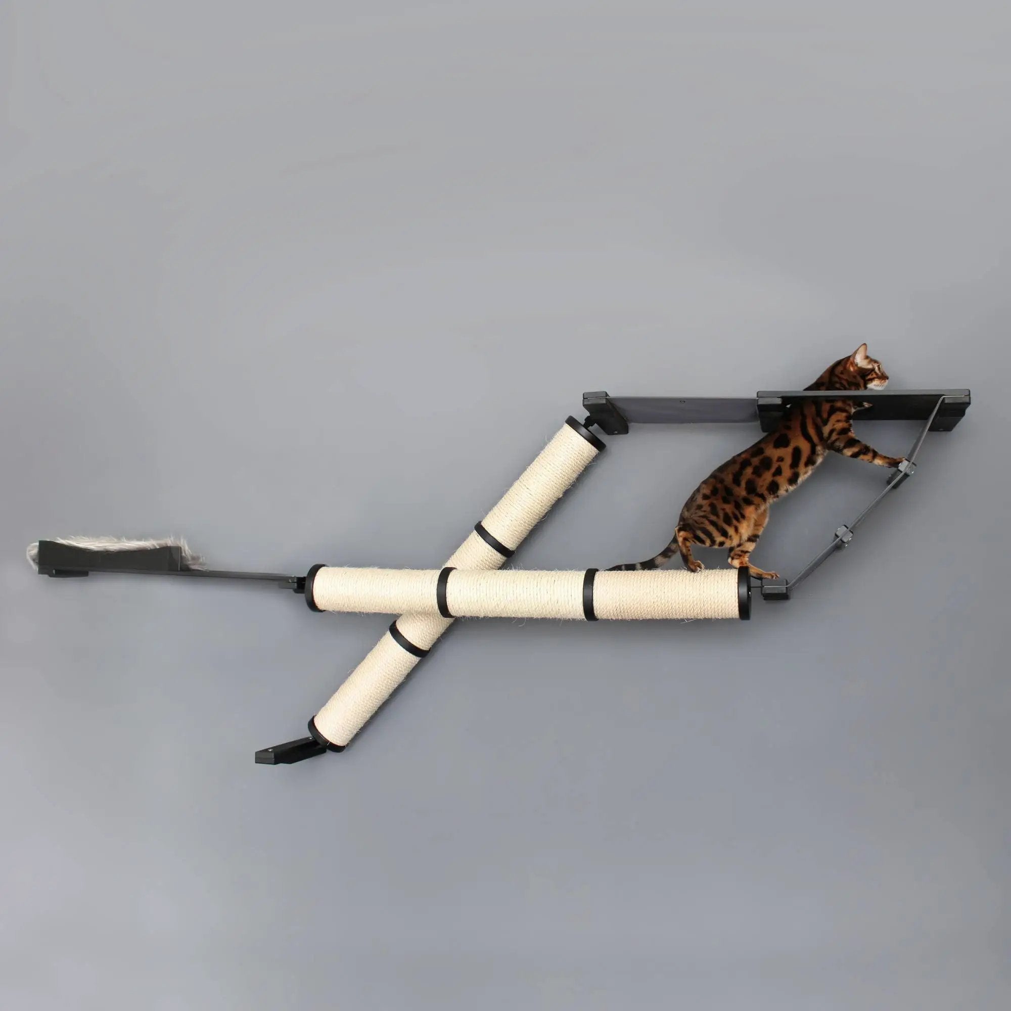The Plateau horizontal cat scratcher bed set by Catastrophic Creations, beige sisal tubes on a black frame