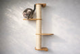 Charger l'image dans la visionneuse de la galerie, Wall Mounted Cat Scratcher with Sisal, natural wood platforms and rope-wrapped central pole; cat on top shelf.
