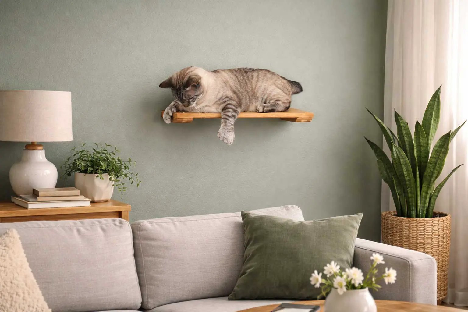 Wall-mounted cat shelf; natural wood, cat lounging on it.