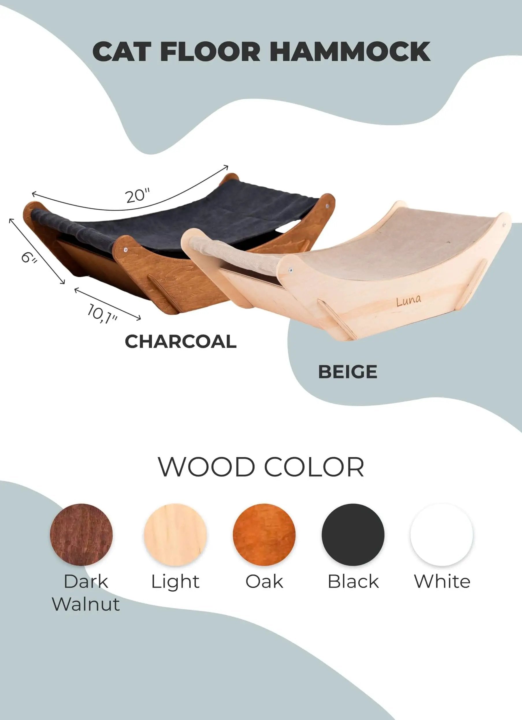 Floor Cat Hammock, by Enjoy The Wood B2B; two wooden-frame hammocks in dark walnut and oak with charcoal/beige fabric