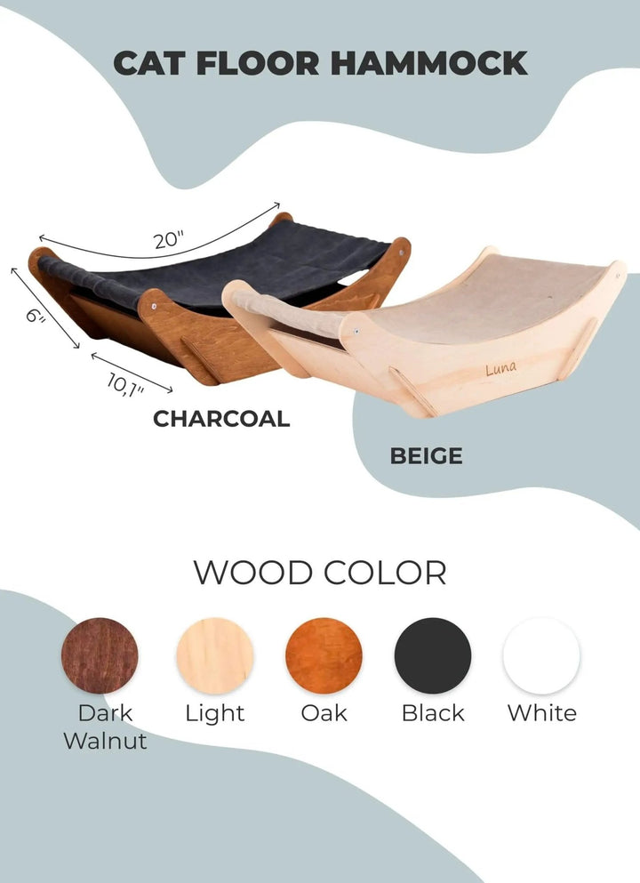 Floor Cat Hammock, by Enjoy The Wood B2B; two wooden-frame hammocks in dark walnut and oak with charcoal/beige fabric