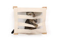 Gallery viewerに画像を読み込む, Enclosed Cat Bed Cat Wall Cubby by Catastrophic Creations, beige fabric with natural wood frame, cat peeking out
