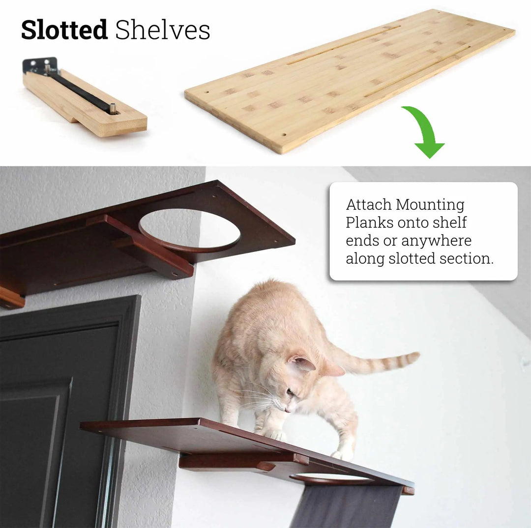 Wall Mounted Cat Shelf (2-pack) by Catastrophic Creations; light and dark wood cat perches with slotted mounting.