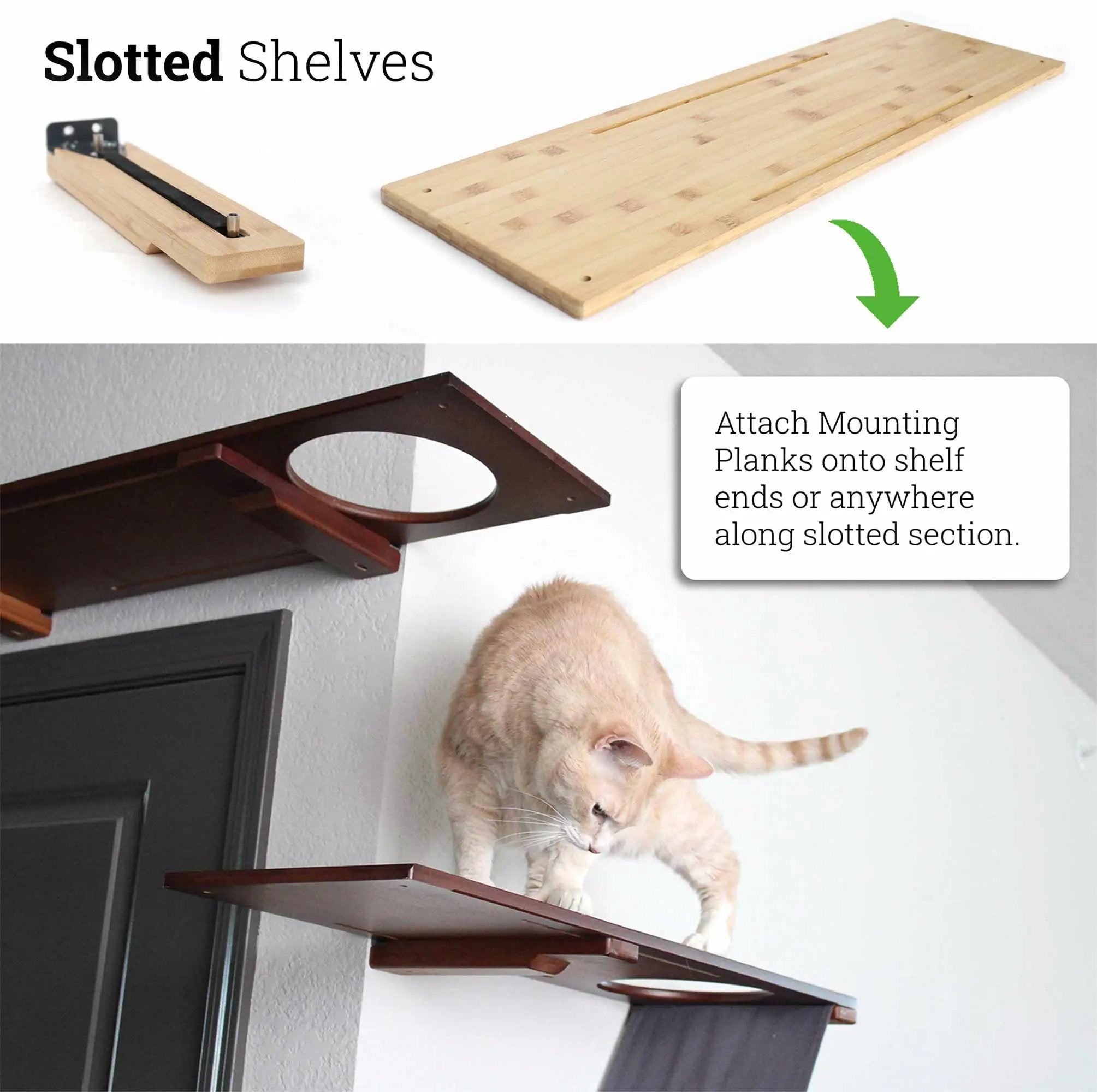 Wall Mounted Cat Shelf (2-pack) by Catastrophic Creations; light and dark wood cat perches with slotted mounting.