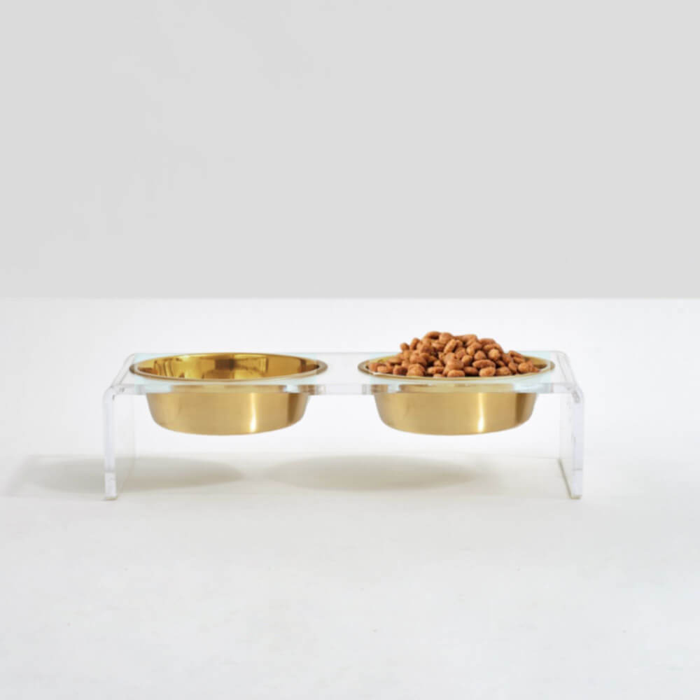 Hiddin Clear Acrylic Double Feeder with Gold Bowls – 3 in High