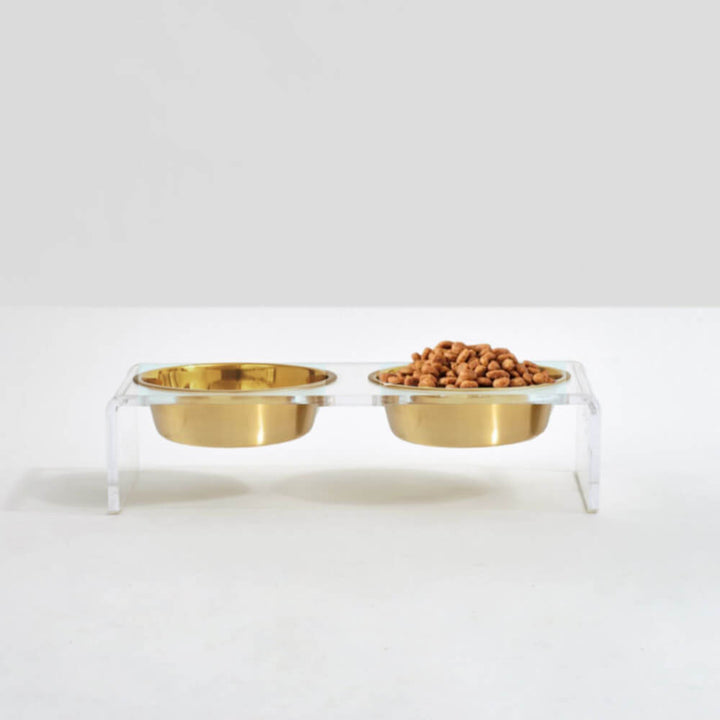 Hiddin Clear Acrylic Double Feeder with Gold Bowls – 3 in High