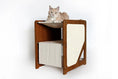 Load image into Gallery viewer, The Grotto cat condo by Catastrophic Creations; wooden compact cat tree with beige fabric panel and cat resting on top.
