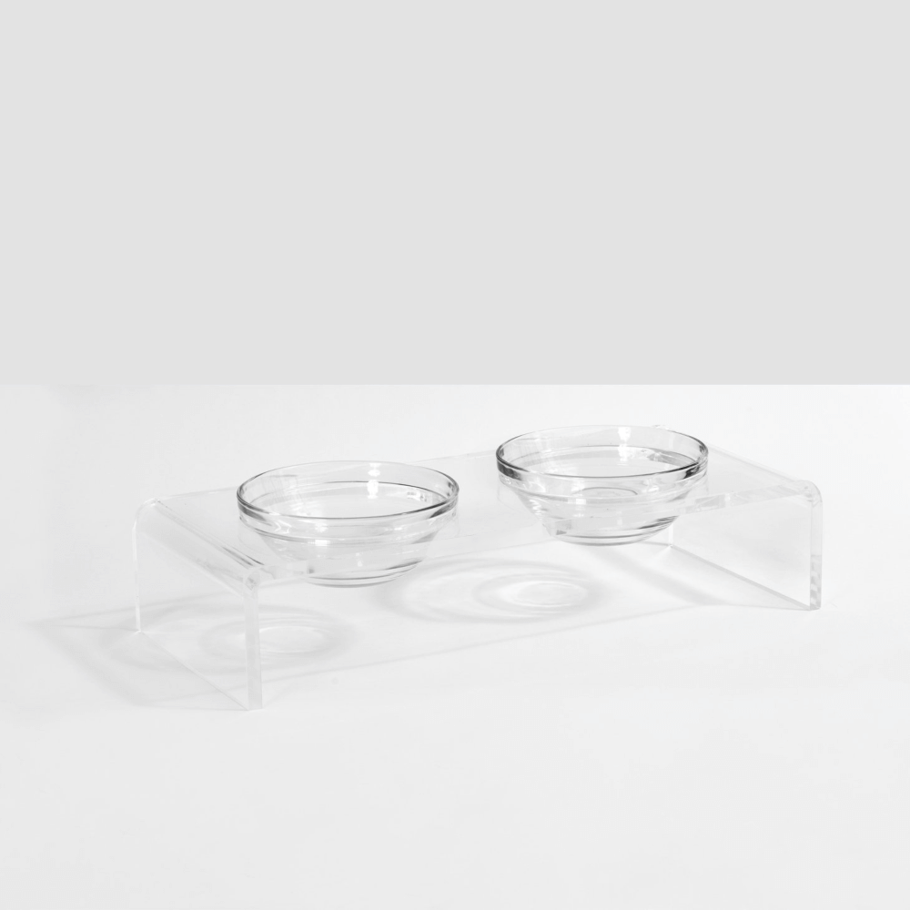 Hiddin Clear Acrylic Double Feeder with Glass Bowls – 3 in High