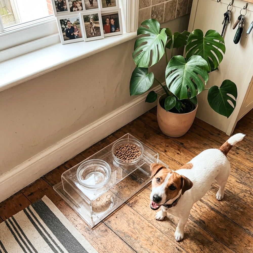 Hiddin Clear Acrylic Double Feeder with Glass Bowls – 3 in High