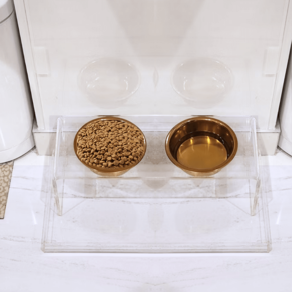 Hiddin Clear Acrylic Double Feeder with Gold Bowls – 3 in High