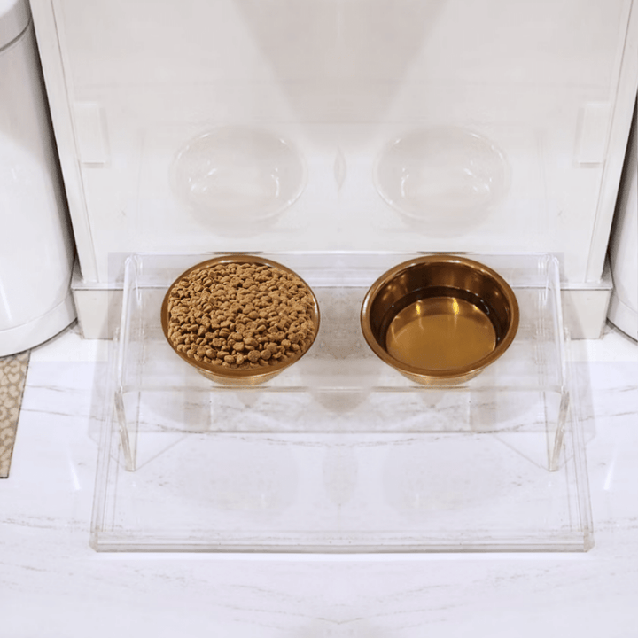 Hiddin Clear Acrylic Double Feeder with Gold Bowls – 3 in High
