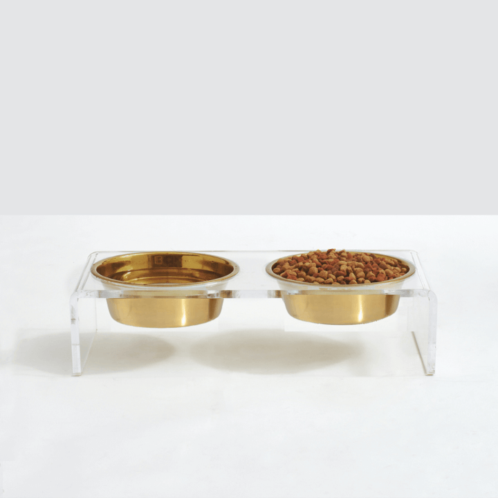 Hiddin Clear Acrylic Double Feeder with Gold Bowls – 3 in High