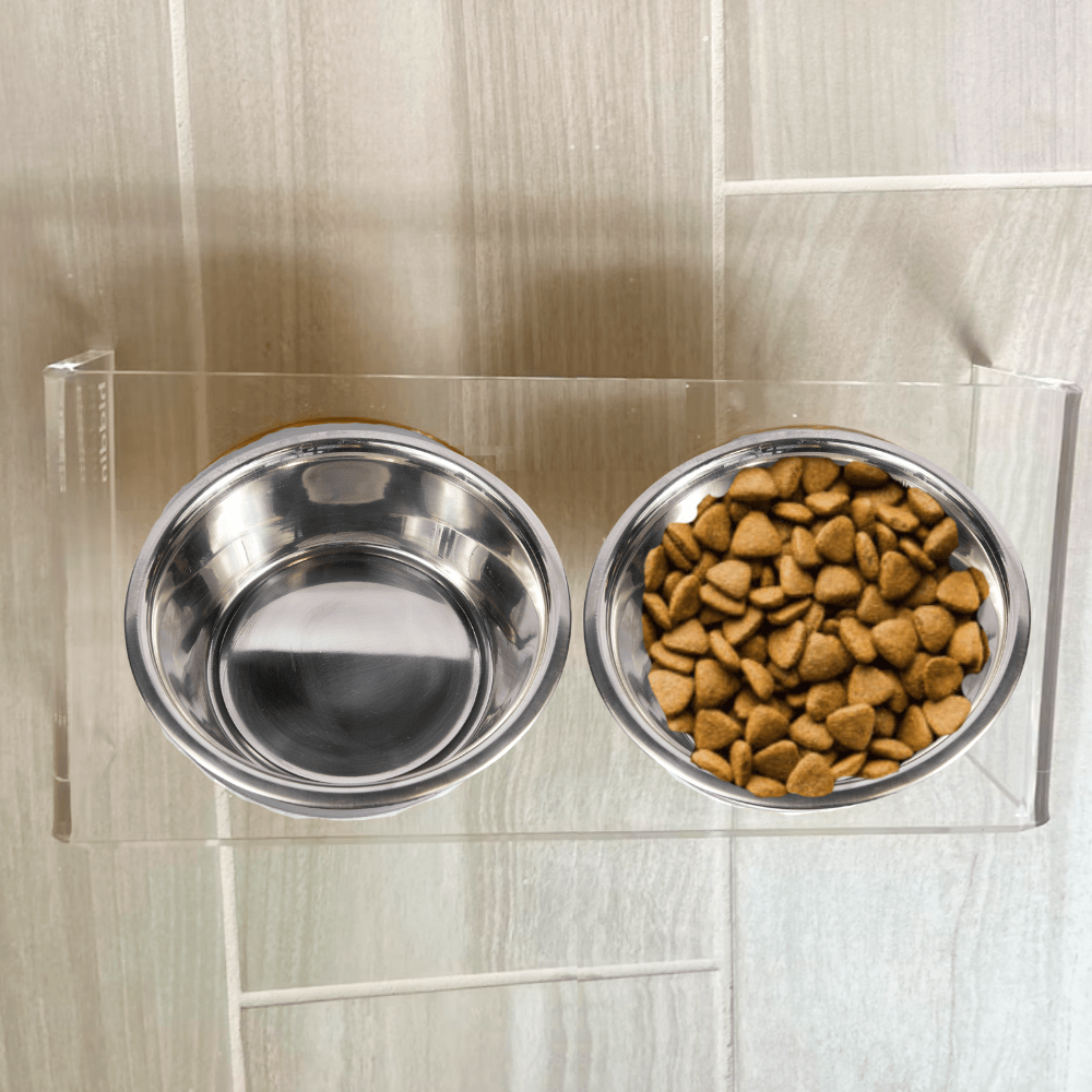 Hiddin Clear Acrylic Double Feeder with Silver Bowls – 3 in High