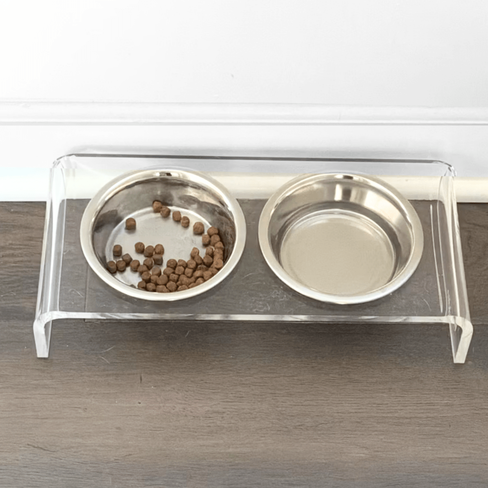 Hiddin Clear Acrylic Double Feeder with Silver Bowls – 3 in High