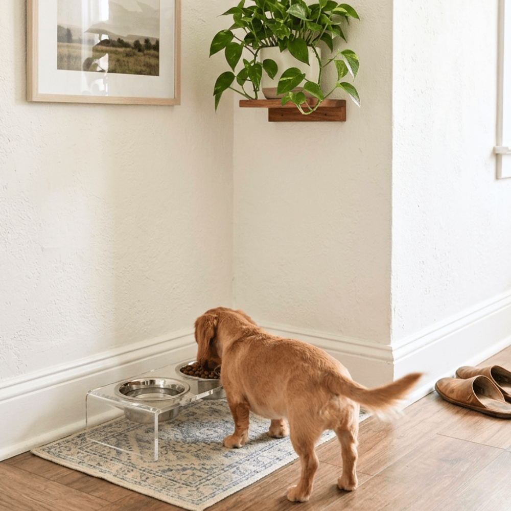 Hiddin Clear Acrylic Double Feeder with Silver Bowls – 3 in High