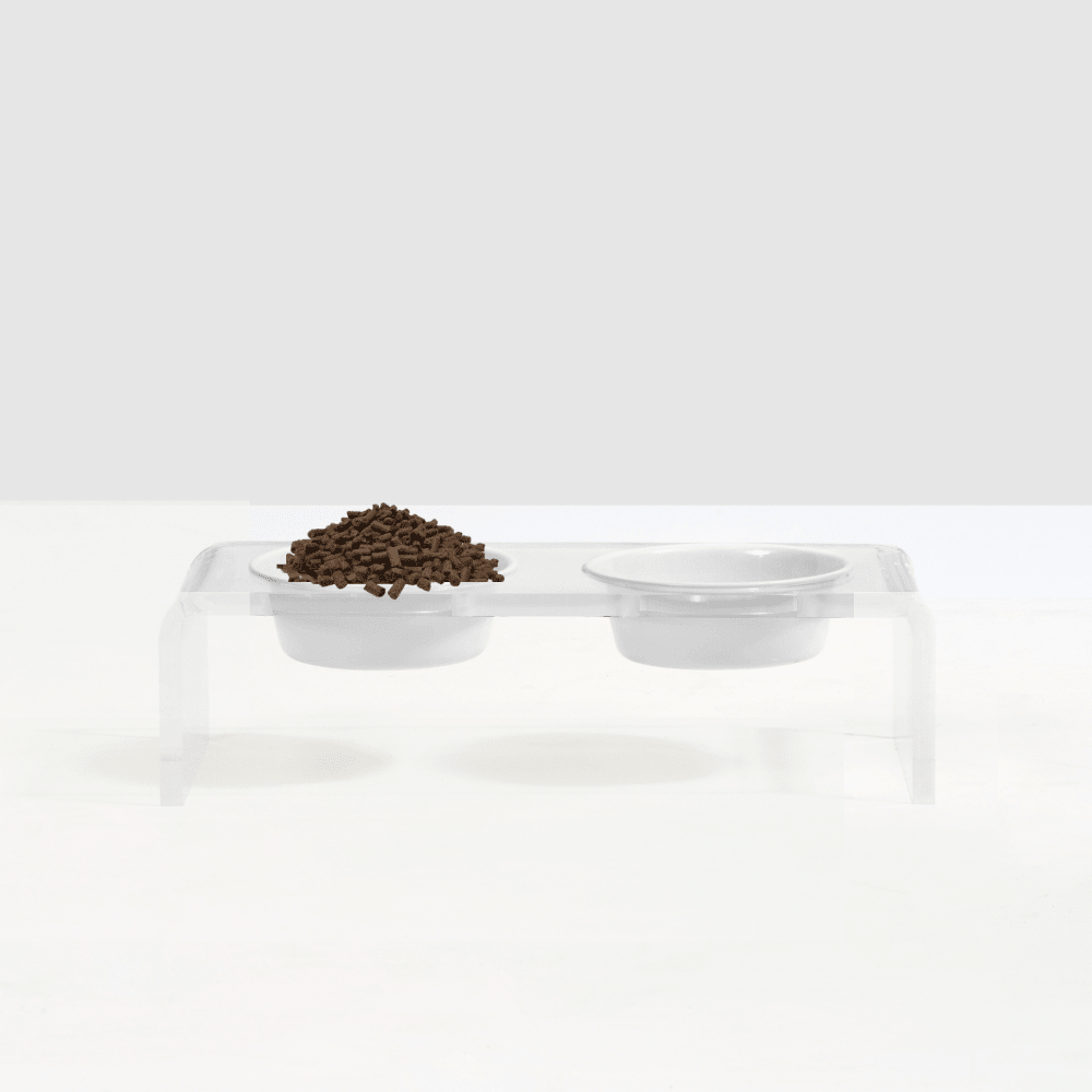 Hiddin Clear Acrylic Double Feeder with Black or White Bowls – 3 in High