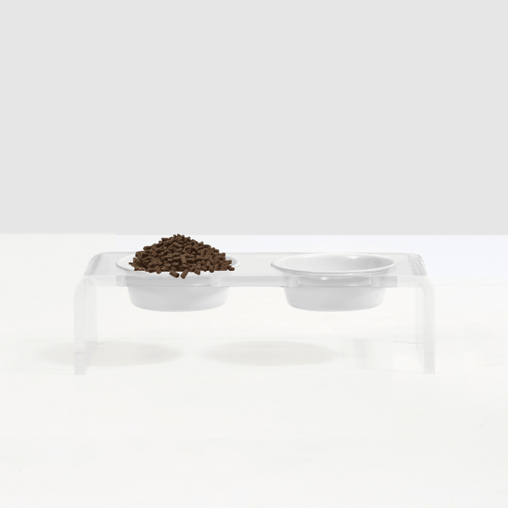 Hiddin Clear Acrylic Double Feeder with Black or White Bowls – 3 in High