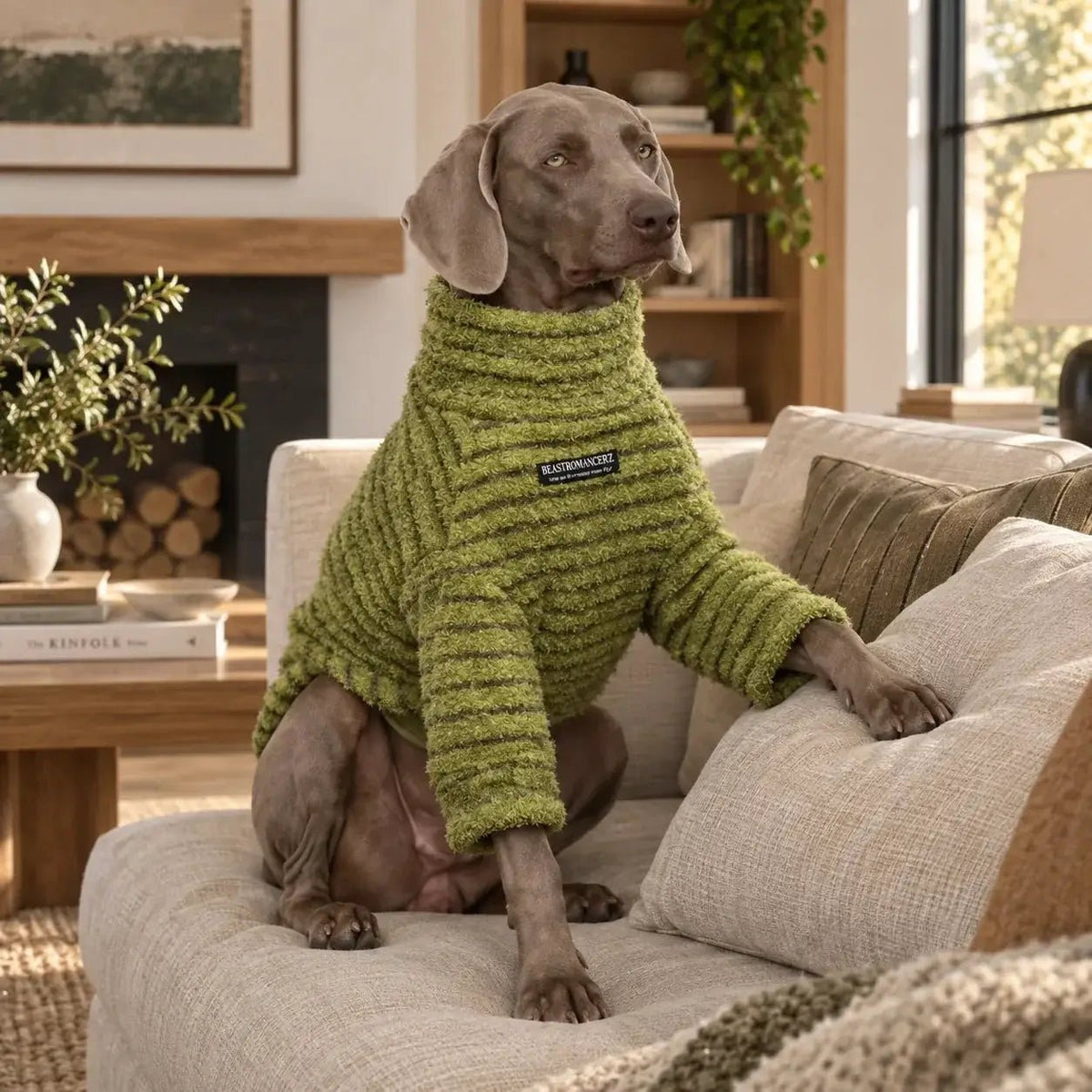 Soft and Warm Stripe Dog Sweater by SOCKPET in green plush knit.