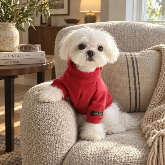 Small Dog Spring Solid Color Two-Legged Sweater in red worn by a white fluffy dog on a beige sofa.