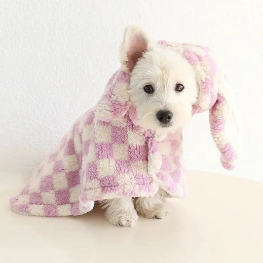 Small Dog Flannel Cape Towel by SOCKPET in pink and white checkered plush, pet costume.