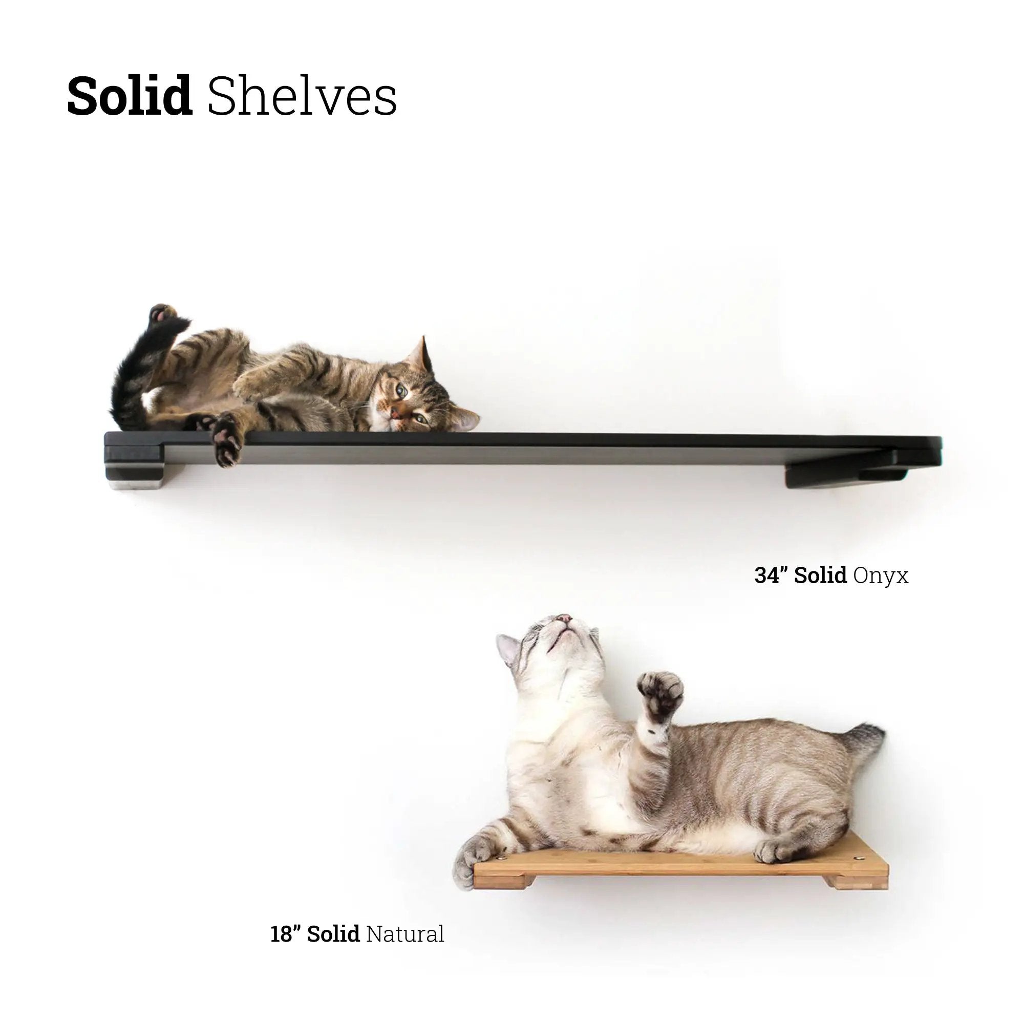 Wall-mounted cat shelf set by Catastrophic Creations; two shelves: 34-inch Solid Onyx and 18-inch Solid Natural