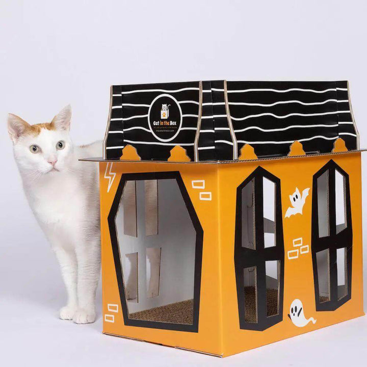 Spooky Cat Haunted House Cardboard Condo by Cat in the Box LLC, orange with black window panels and ghost decals