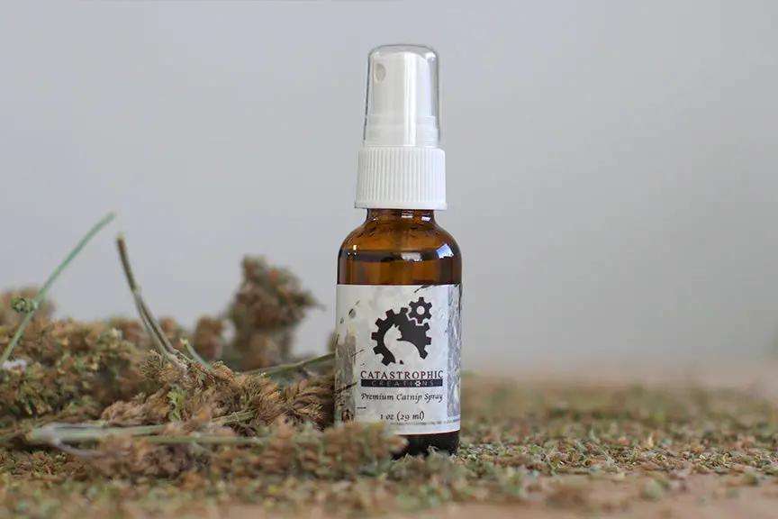 Catnip Spray for Cats by Catastrophic Creations; amber glass bottle with white spray top