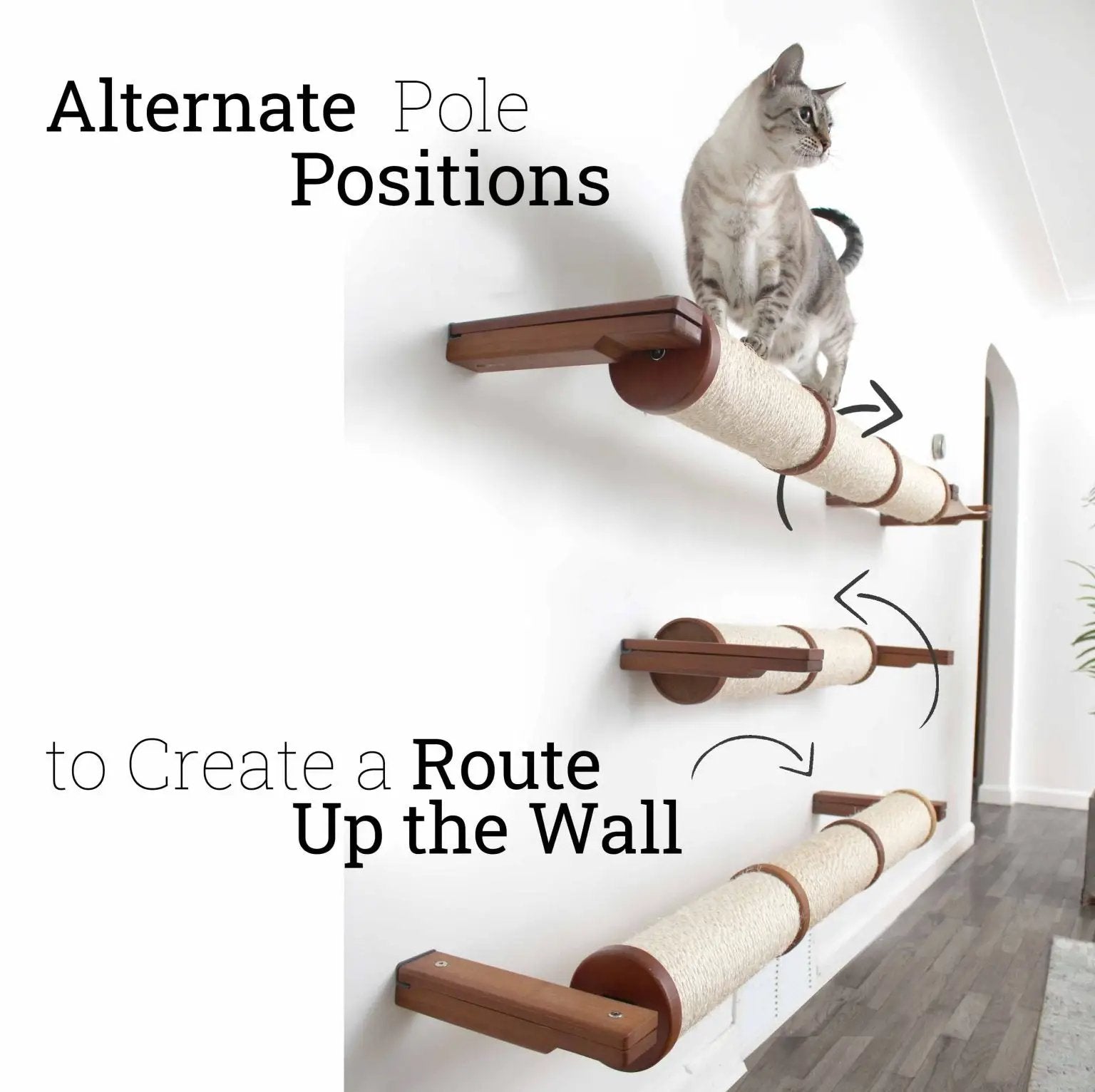 Catastrophic Creations wall-mounted horizontal cat scratchers with beige sisal rope and wood ends, cat perched on top.