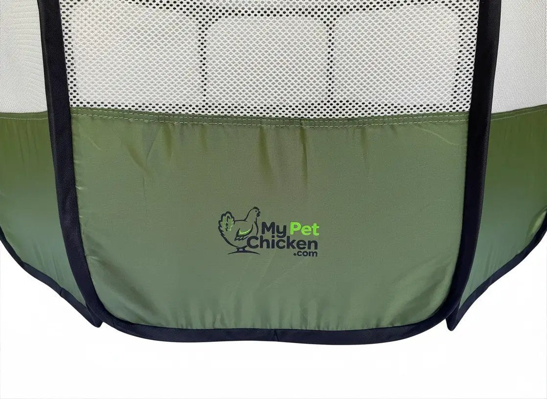 Hen Pen Starter Pop-Up Chick Brooder, green fabric with My Pet Chicken logo, chick housing for small animals.