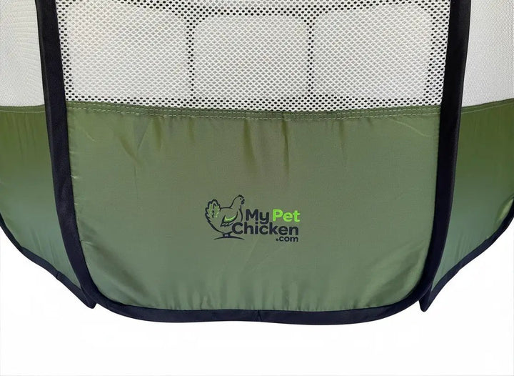 Hen Pen Starter Pop-Up Chick Brooder, green fabric with My Pet Chicken logo, chick housing for small animals.