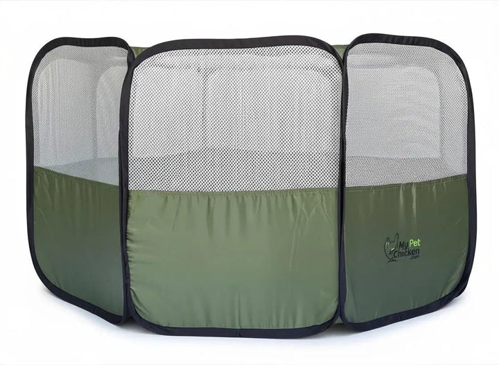Hen Pen Starter Pop-Up Chick Brooder, by My Pet Chicken, three-panel green mesh habitat with black trim