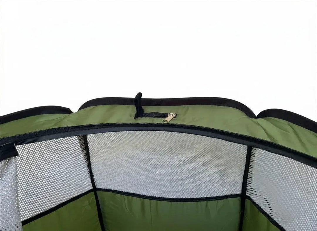 Hen Pen Starter Pop-Up Chick Brooder by My Pet Chicken, green with black trim and silver mesh sides.