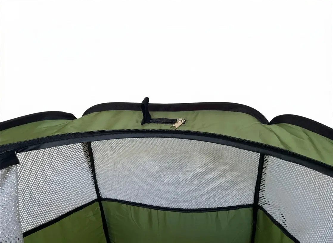 Hen Pen Starter Pop-Up Chick Brooder by My Pet Chicken, green with black trim and silver mesh sides.