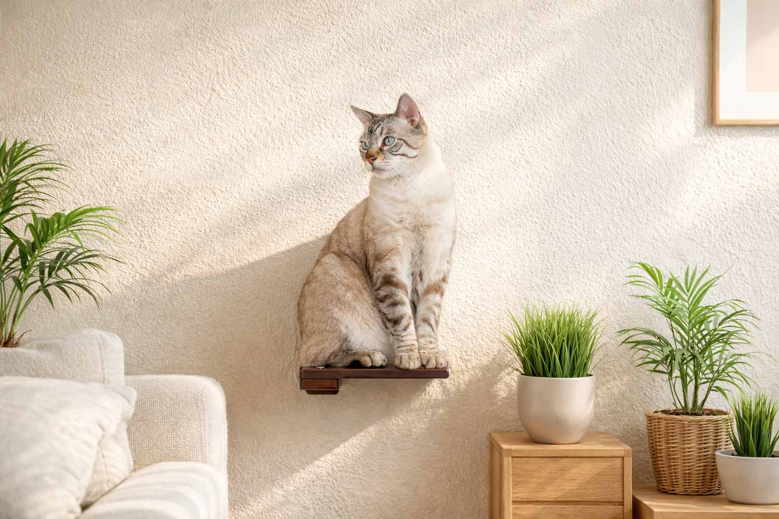 Cat Climbing Shelf by Catastrophic Creations; dark wood, wall-mounted cat shelf with a cat perched.