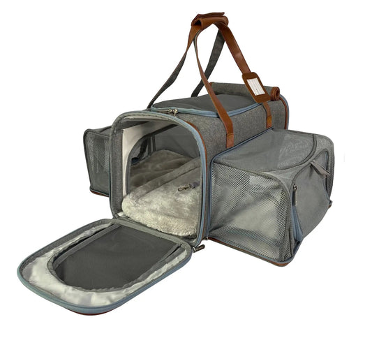 Mr. Peanut's Gold Series Big Apple Double Expandable Pet Carrier; air-travel approved, grey fabric.