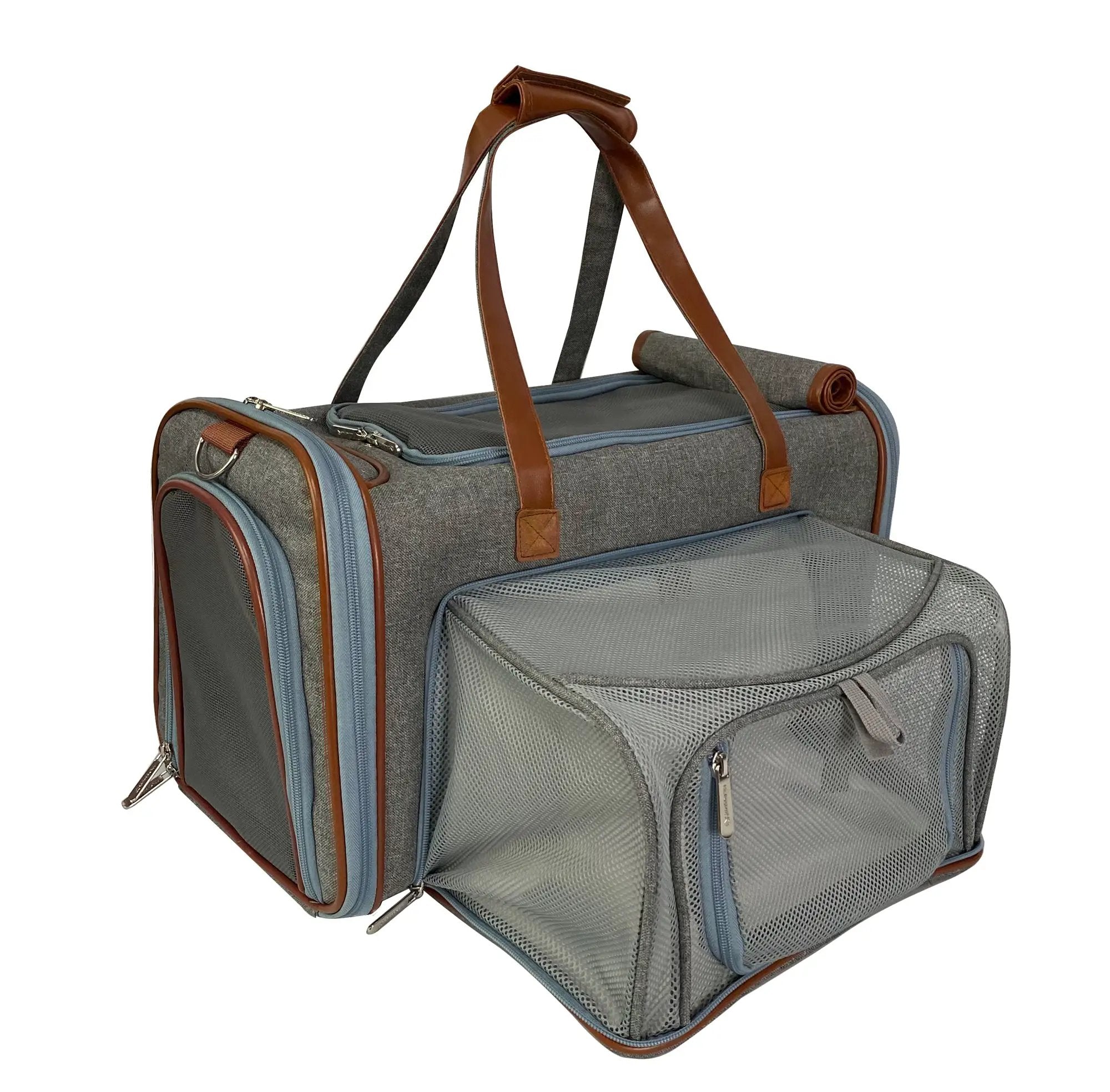 Mr. Peanut's Gold Series Big Apple Double Expandable Pet Carrier, gray fabric with brown leather trim.