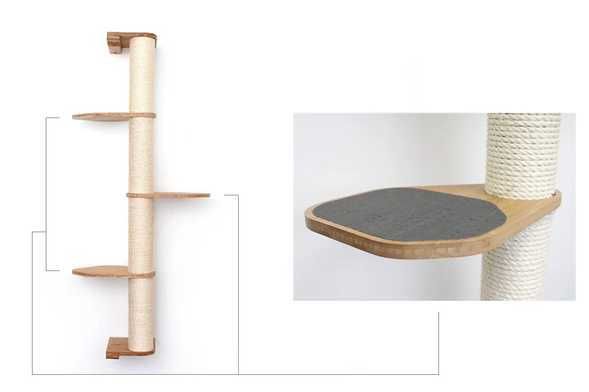 Wall Mounted Cat Climbing Pole - Sisal by Catastrophic Creations; sisal rope post with two wooden platforms