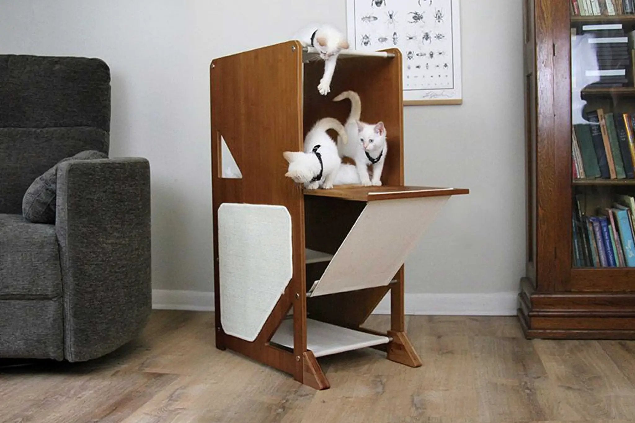 The Overlook bamboo cat condo in natural wood finish with 3 white kittens on and around it