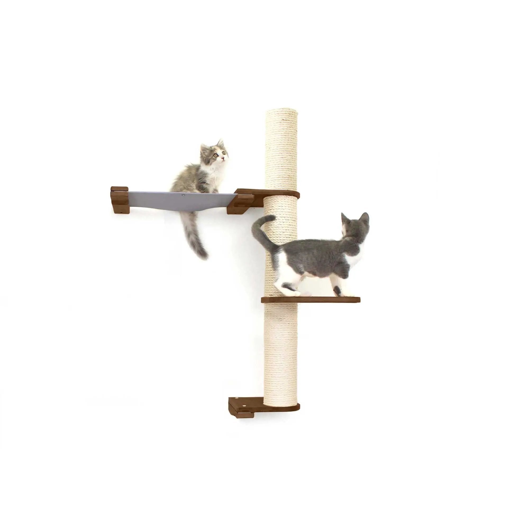 The Crow's Nest wall cat condo scratcher with hammock; beige rope post and two wooden platforms with two cats.