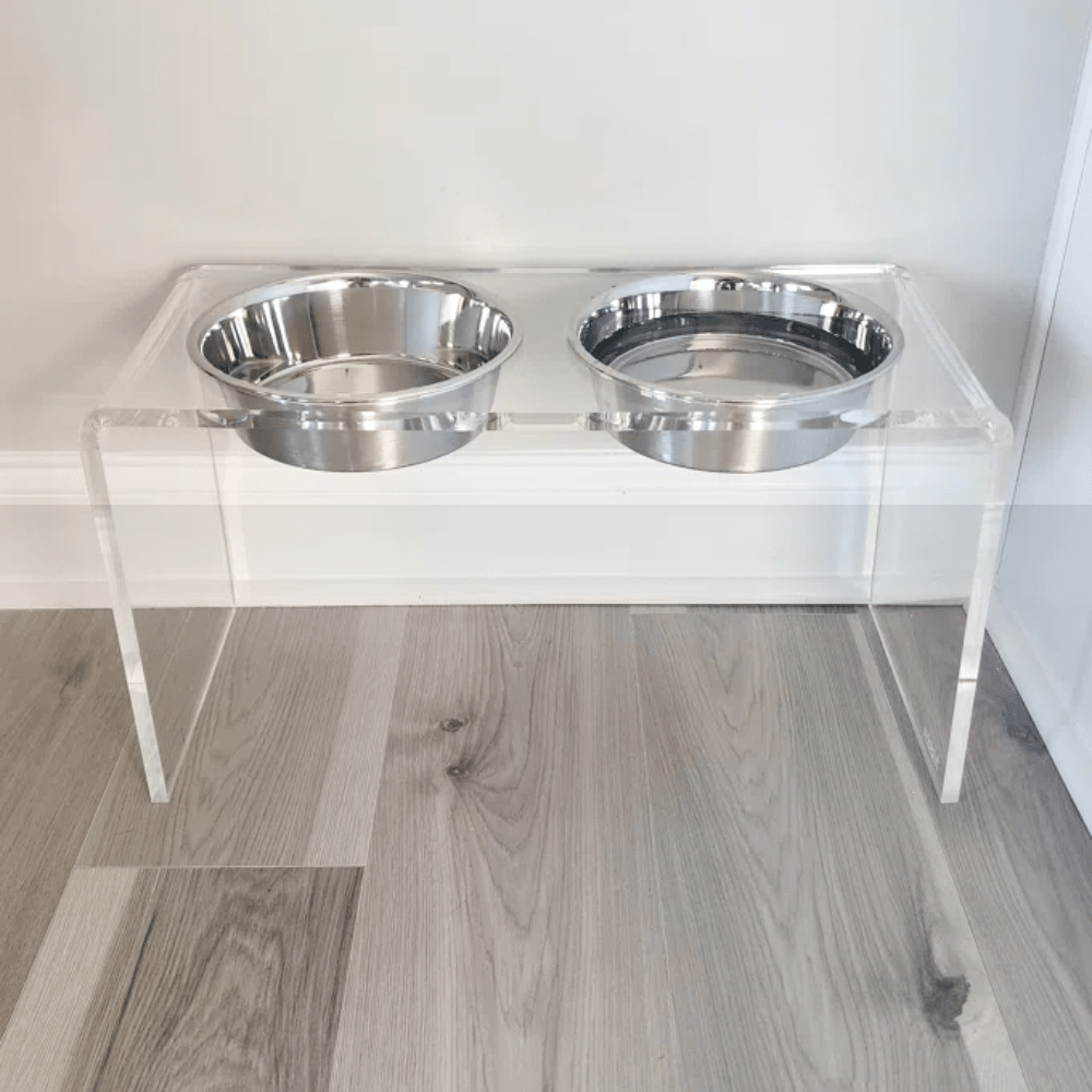 Hiddin Clear Acrylic Double Feeder with Silver Bowls – 12 in High